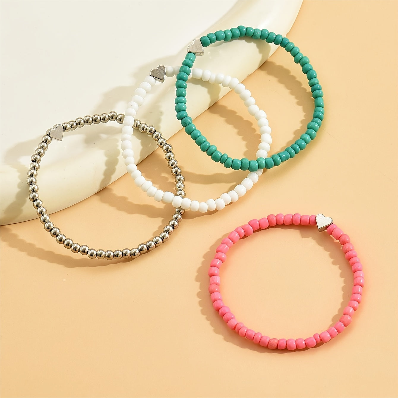 4pcs Mini Love Heart Beaded Bracelet Set Stackable Hand Chain Jewelry Decoration