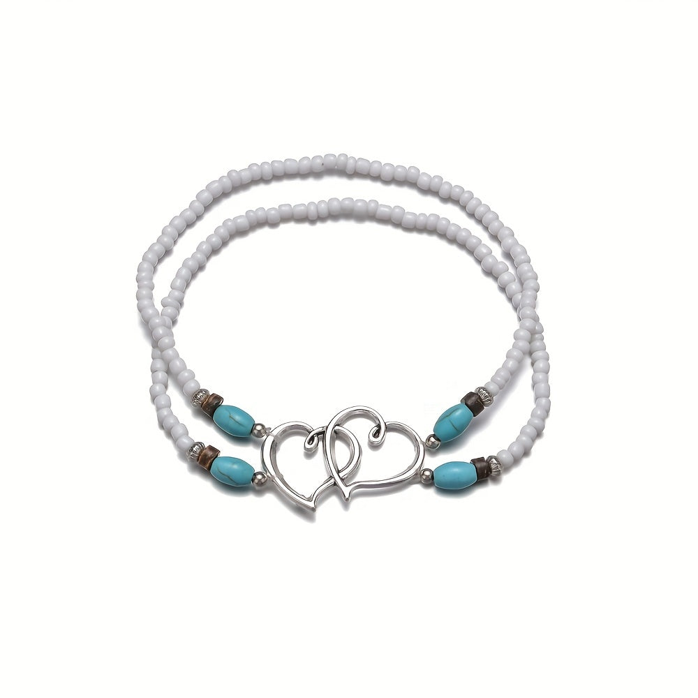 Boho-Chic Double Heart Turquoise & White Beaded Stretch Anklet for Women