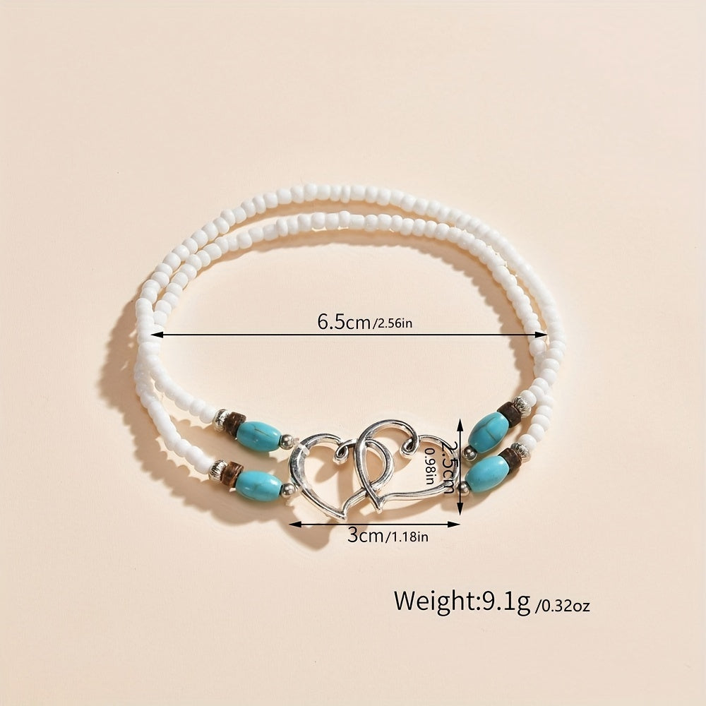 Boho-Chic Double Heart Turquoise & White Beaded Stretch Anklet for Women
