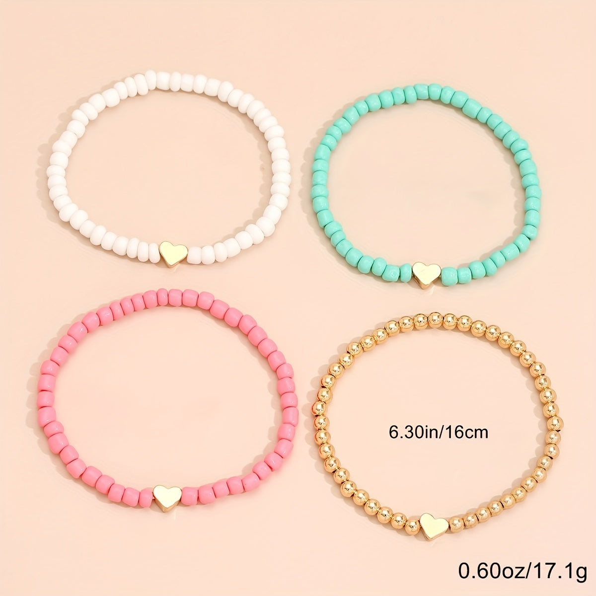 4pcs Mini Love Heart Beaded Bracelet Set Stackable Hand Chain Jewelry Decoration