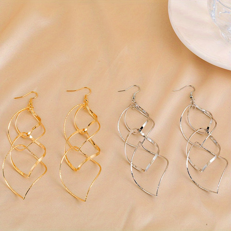 Pair of Golden/Silvery Hollow Twisted Dangle Earrings, Bohemian Elegant Iron Jewelry, Creative Female Gift with Unique Style