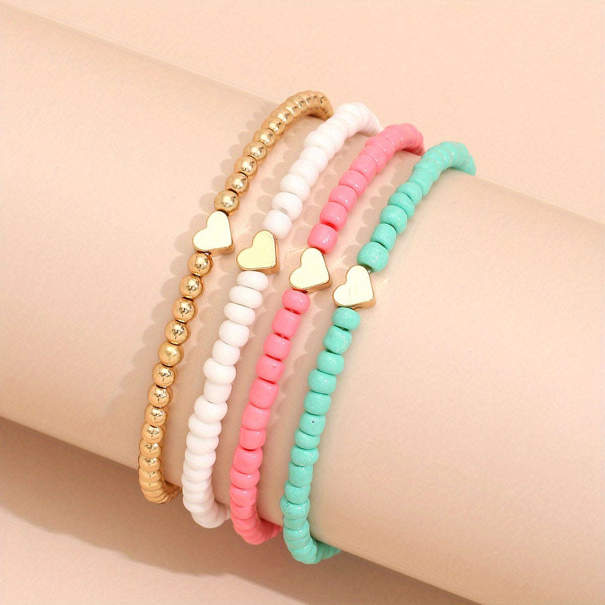 4pcs Mini Love Heart Beaded Bracelet Set Stackable Hand Chain Jewelry Decoration