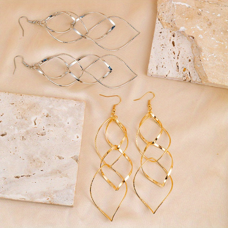 Pair of Golden/Silvery Hollow Twisted Dangle Earrings, Bohemian Elegant Iron Jewelry, Creative Female Gift with Unique Style