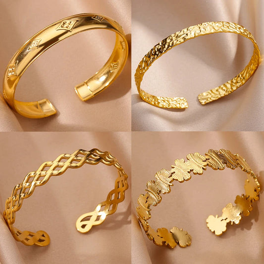 Pulseiras de aço inoxidável para mulheres, cor dourada, textura geométrica, punho aberto, pulseira feminina, joias vintage