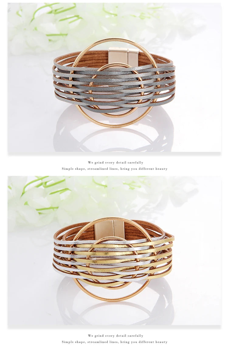 WYBU Multilayer Leather Bracelet For Women Magnet Clasp Charm Braided Wide Wrap Bracelets Bangles Female Bohemian Style Jewelry