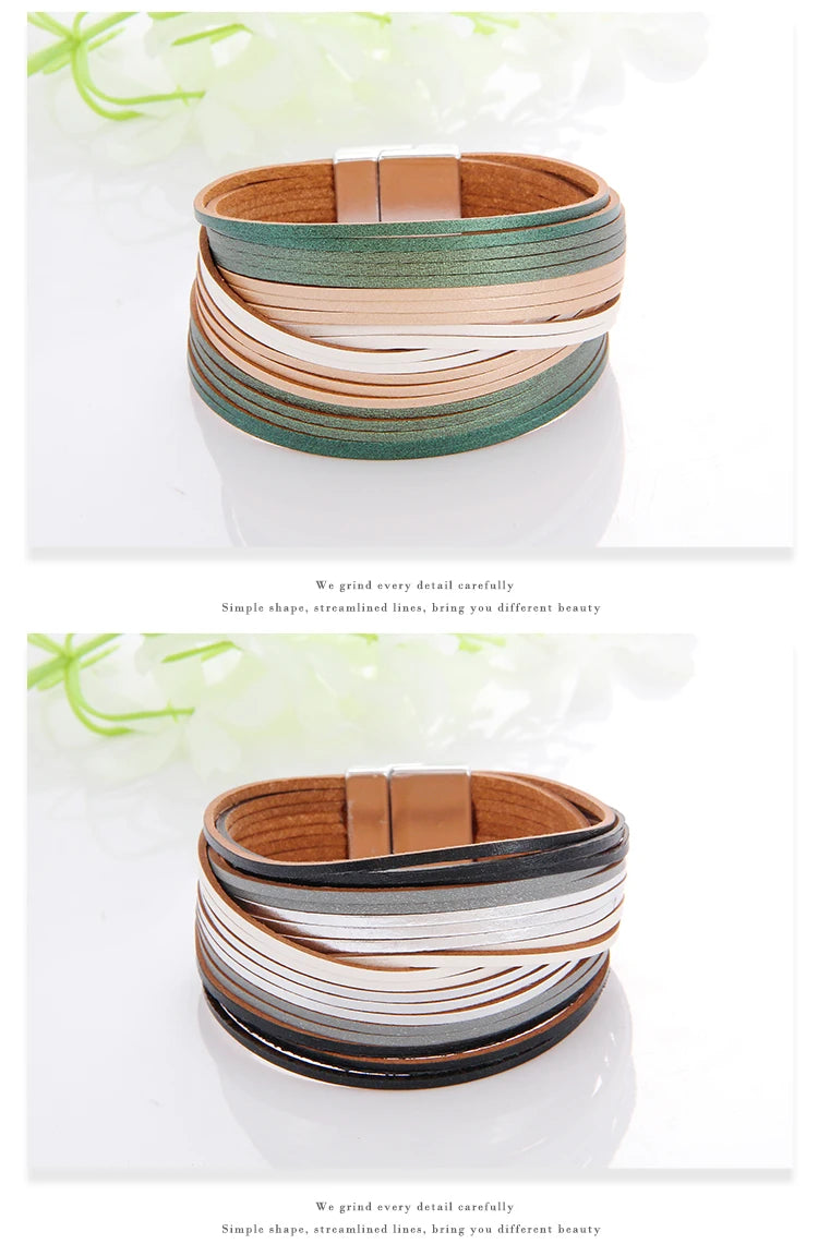 WYBU Multilayer Leather Bracelet For Women Magnet Clasp Charm Braided Wide Wrap Bracelets Bangles Female Bohemian Style Jewelry