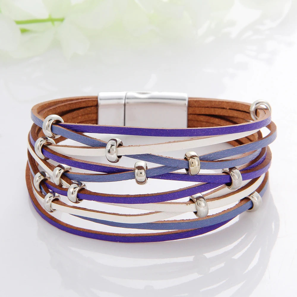 WYBU Multilayer Leather Bracelet For Women Magnet Clasp Charm Braided Wide Wrap Bracelets Bangles Female Bohemian Style Jewelry