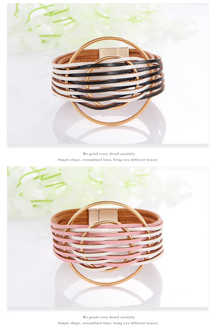 WYBU Multilayer Leather Bracelet For Women Magnet Clasp Charm Braided Wide Wrap Bracelets Bangles Female Bohemian Style Jewelry