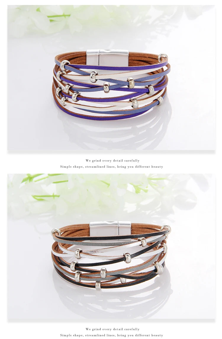 WYBU Multilayer Leather Bracelet For Women Magnet Clasp Charm Braided Wide Wrap Bracelets Bangles Female Bohemian Style Jewelry
