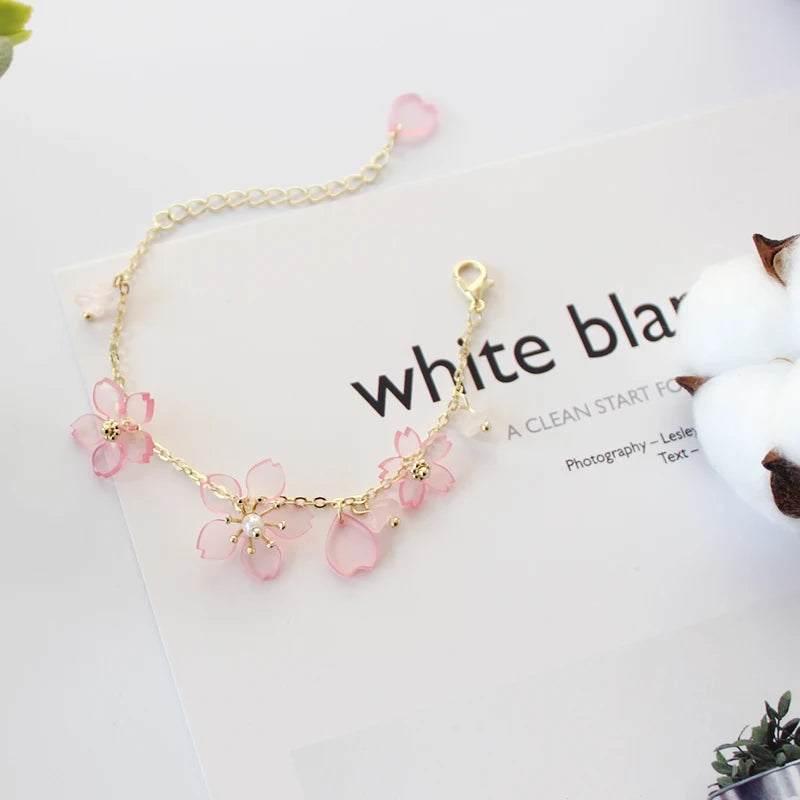 The new flower bracelet with pink cherry blossom green pearl small pure and fresh and heartly sweet bracelet