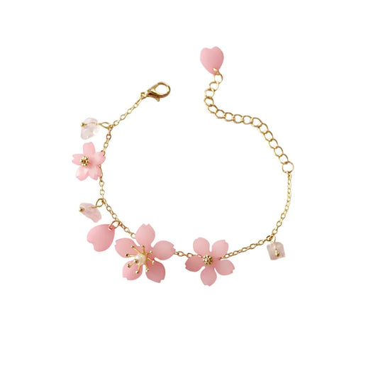 The new flower bracelet with pink cherry blossom green pearl small pure and fresh and heartly sweet bracelet