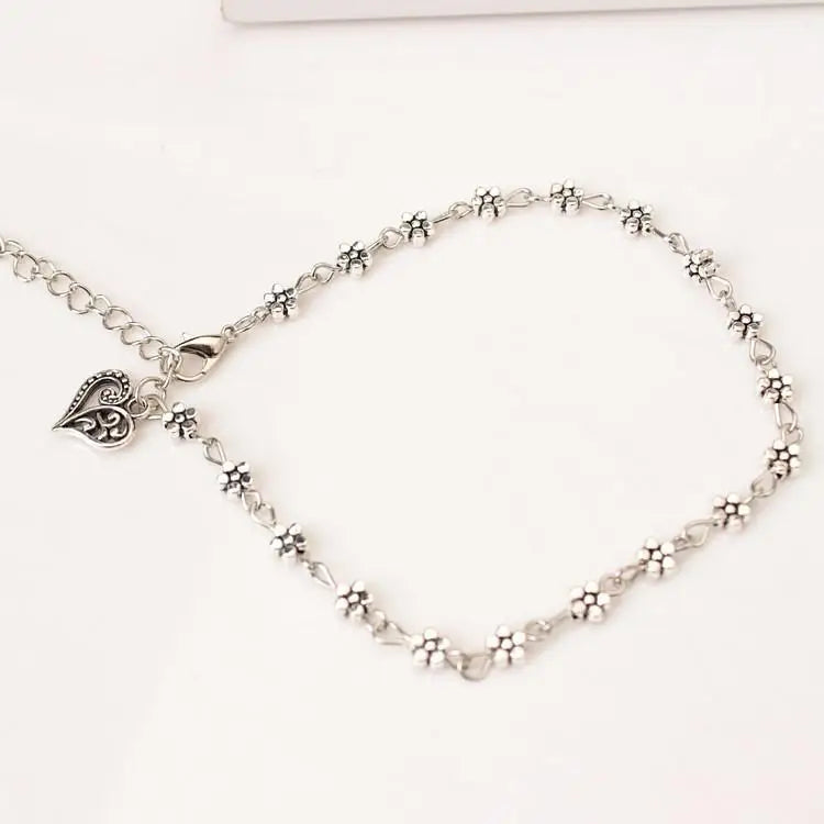 Hot Fashion Retro Jewelry Ancient Silver Hollow Plum Flower Anklets,heart-shaped Anklets For Women Sandalias Mujertrendy Summer