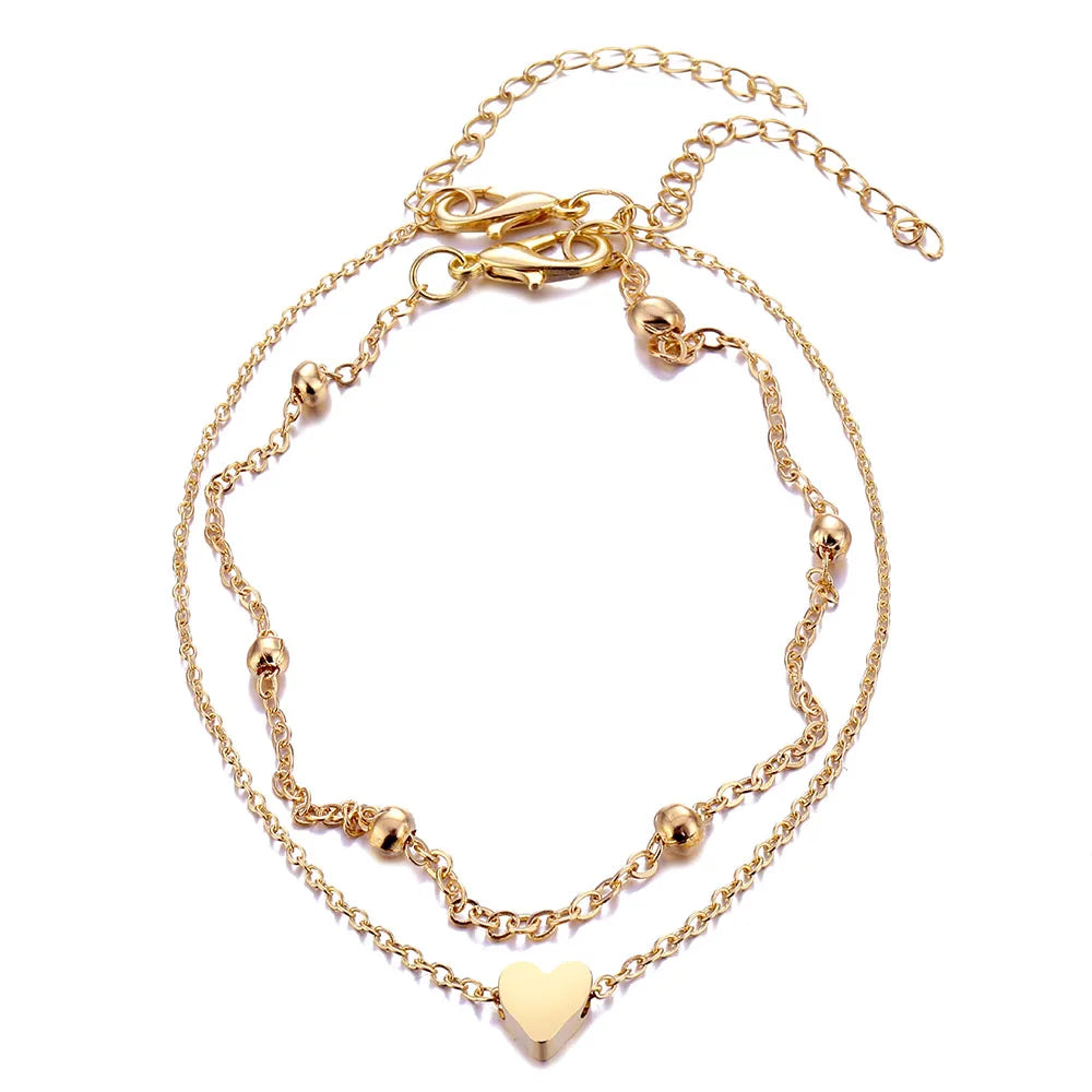 IPARAM Women's Anklet Bohemian Layered Heart Anklet 2021 Summer Beach Anklets On Foot Ankle Bracelets For Women Leg Chain
