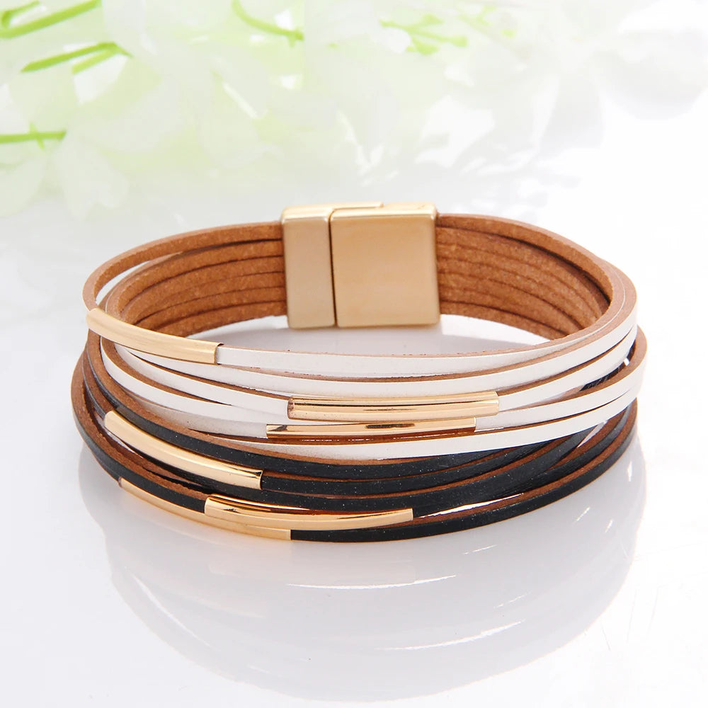 WYBU Multilayer Leather Bracelet For Women Magnet Clasp Charm Braided Wide Wrap Bracelets Bangles Female Bohemian Style Jewelry