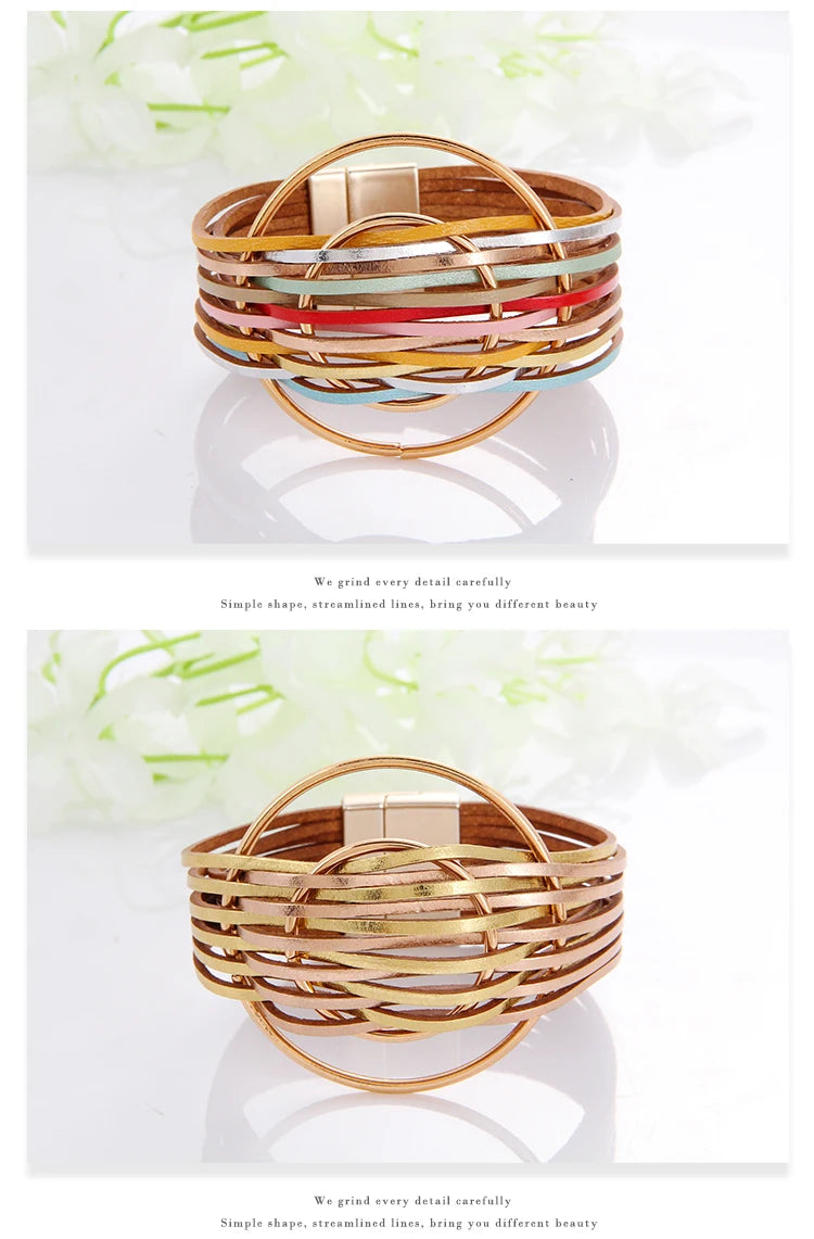 WYBU Multilayer Leather Bracelet For Women Magnet Clasp Charm Braided Wide Wrap Bracelets Bangles Female Bohemian Style Jewelry