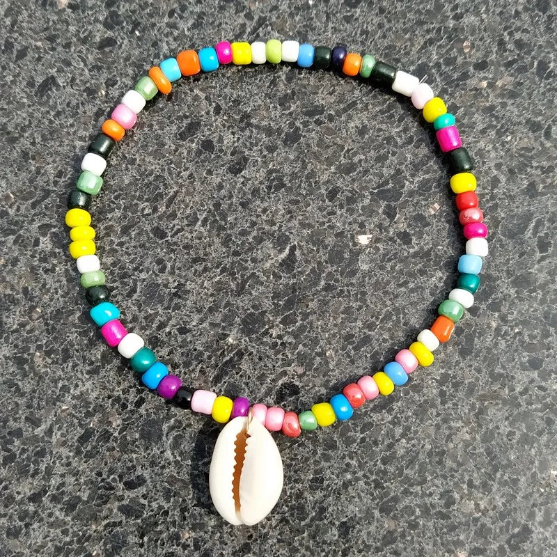 Boho Rainbow Foot/Ankle for Women Small Colorful seed Beads Anklet Nature Shell Charms Elastic Beaded Bracelet on the Leg
