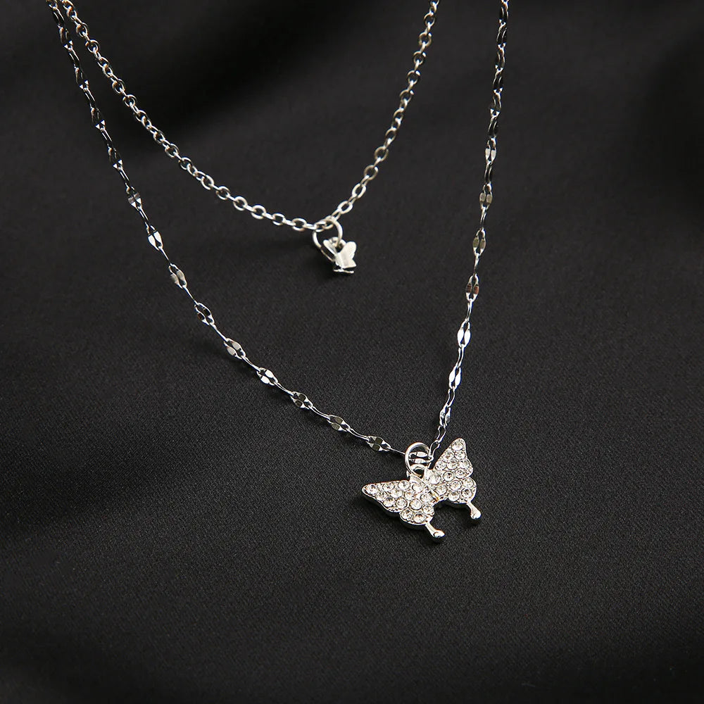 LATS New Elegant Silver color Shiny Butterfly Necklaces Ladies Exquisite Double Layer Clavicle Chain Necklace Jewelry Gift