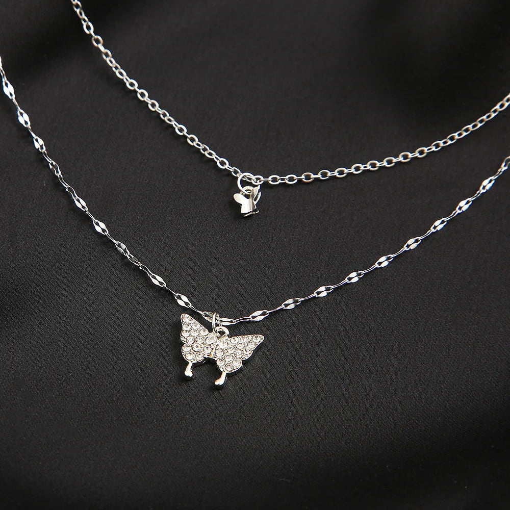 LATS New Elegant Silver color Shiny Butterfly Necklaces Ladies Exquisite Double Layer Clavicle Chain Necklace Jewelry Gift