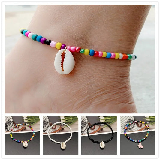 Boho Rainbow Foot/Ankle  for Women Small Colorful seed Beads Anklet Nature Shell Charms Elastic Beaded Bracelet on the Leg