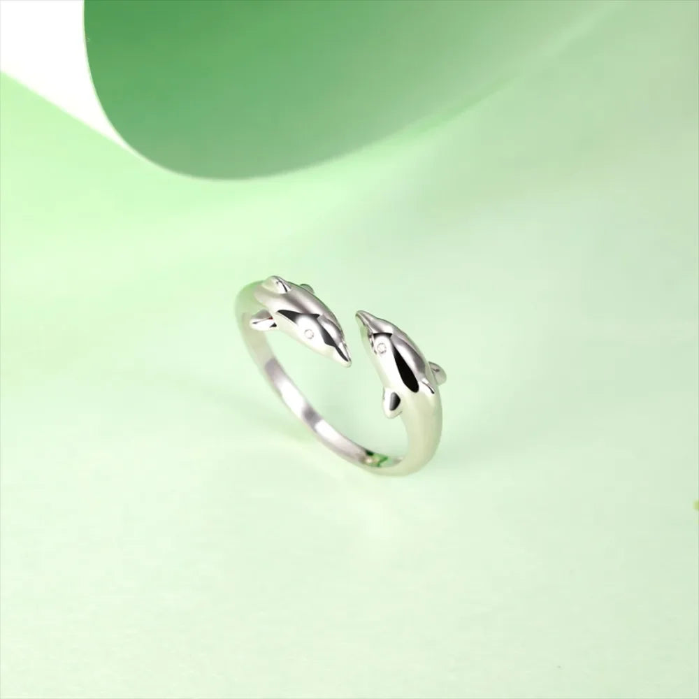 Trumium 100% 925 Silver Ring Trendy Double Dolphin rings for Women Girl Finger Fine Jewelry Women Open No Fade Whosales