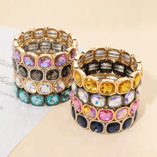 Boho Style Fashionable Light Luxury Square Beaded Inlaid Crystal Elastic Rope Bracelet Women's Jewelry