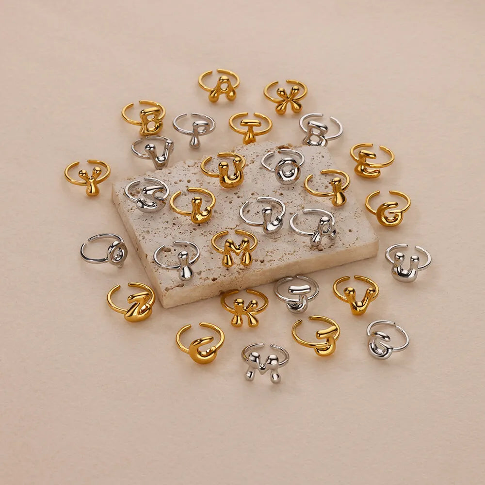 Gold Color Cute Bubble Letters Rings For Women Stainless Steel A-Z Alphabet Opening Ring Wedding Party Christmas Jewelry
