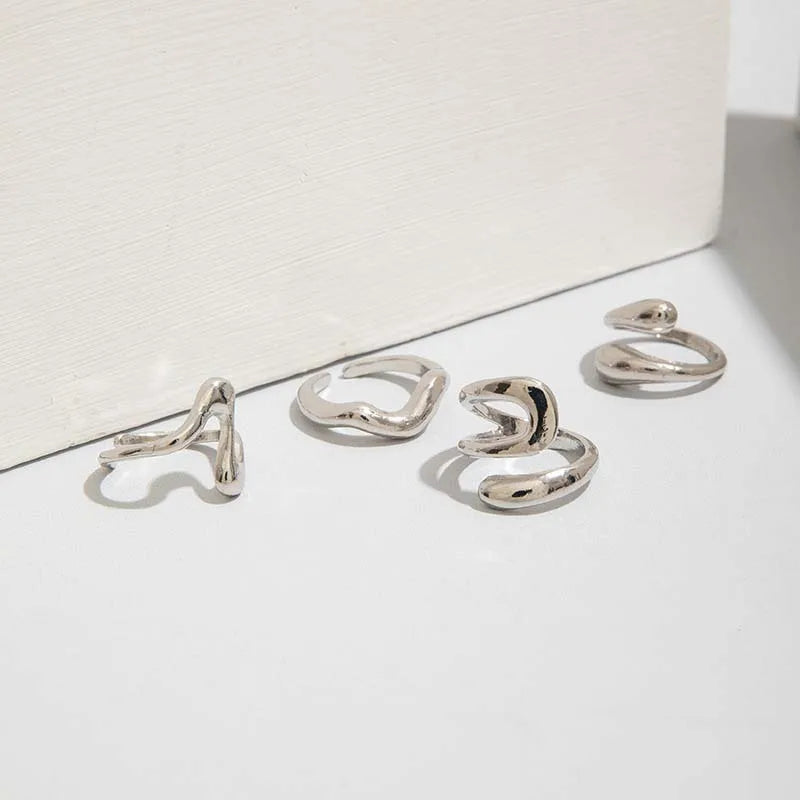 4Pcs/Set Fashion Silver Color Irregular Geometric Open Rings For Women Men Punk Metal Adjustable Knuckle Joint Ring Jewelry