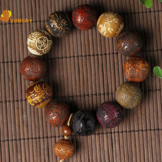 Classic 20mm Handmade Wood Carved Beaded Bracelet With Pendant For Men And Women Jewelry Gift
