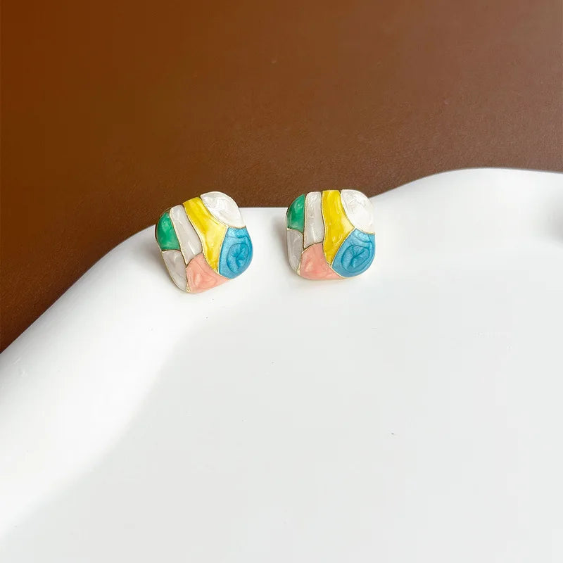 Colorful Glaze Water Drop Women's Stud Earrings Blue Pink Enamel Multi-colored Grids Small Square Earrings for Girls Boho Jewery