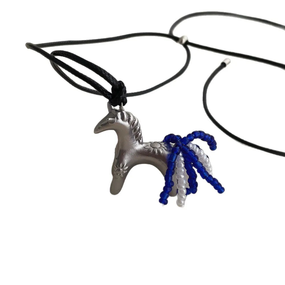 Minar New Luxury Metallic Cartoon Horse Beads Strand Tassel Pendant Necklaces for Women Long Adjustable Wax Rope Chain Choker