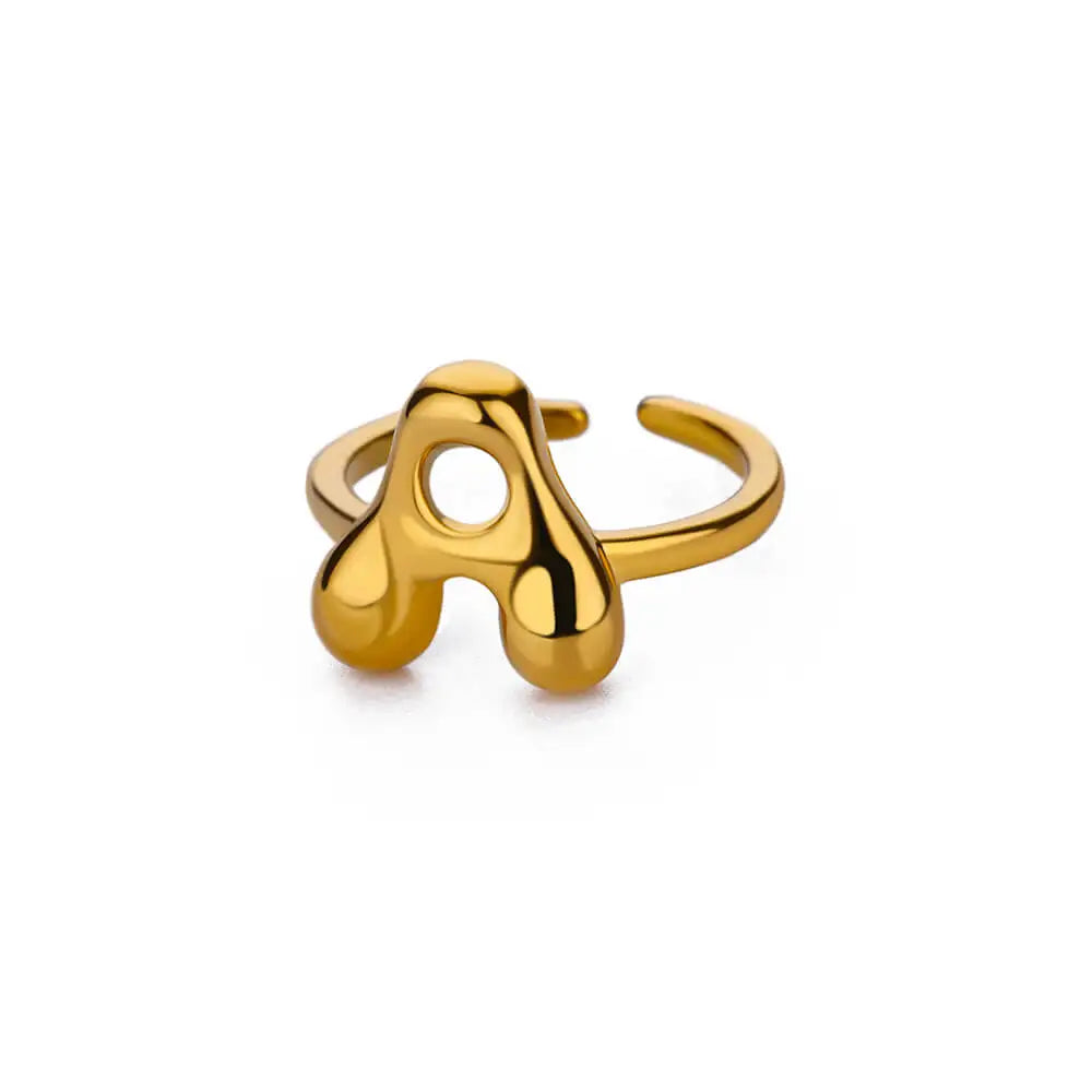 Gold Color Cute Bubble Letters Rings For Women Stainless Steel A-Z Alphabet Opening Ring Wedding Party Christmas Jewelry