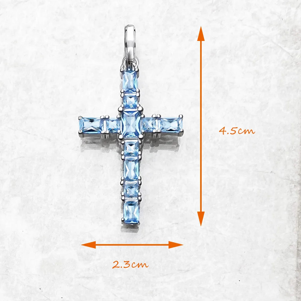 Pendant Cross with Aquamarine Stones Brand New Fine Jewelry 925 Sterling Silver Accessories Romantic Gift For Woman