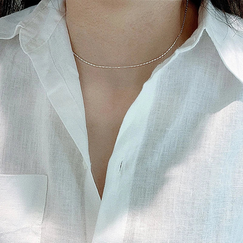 925 Sterling Silver Necklace With Simple Geometric Bead Choker Shiny And Delicate Collarbone Chain For Women's Fashion Jewellery