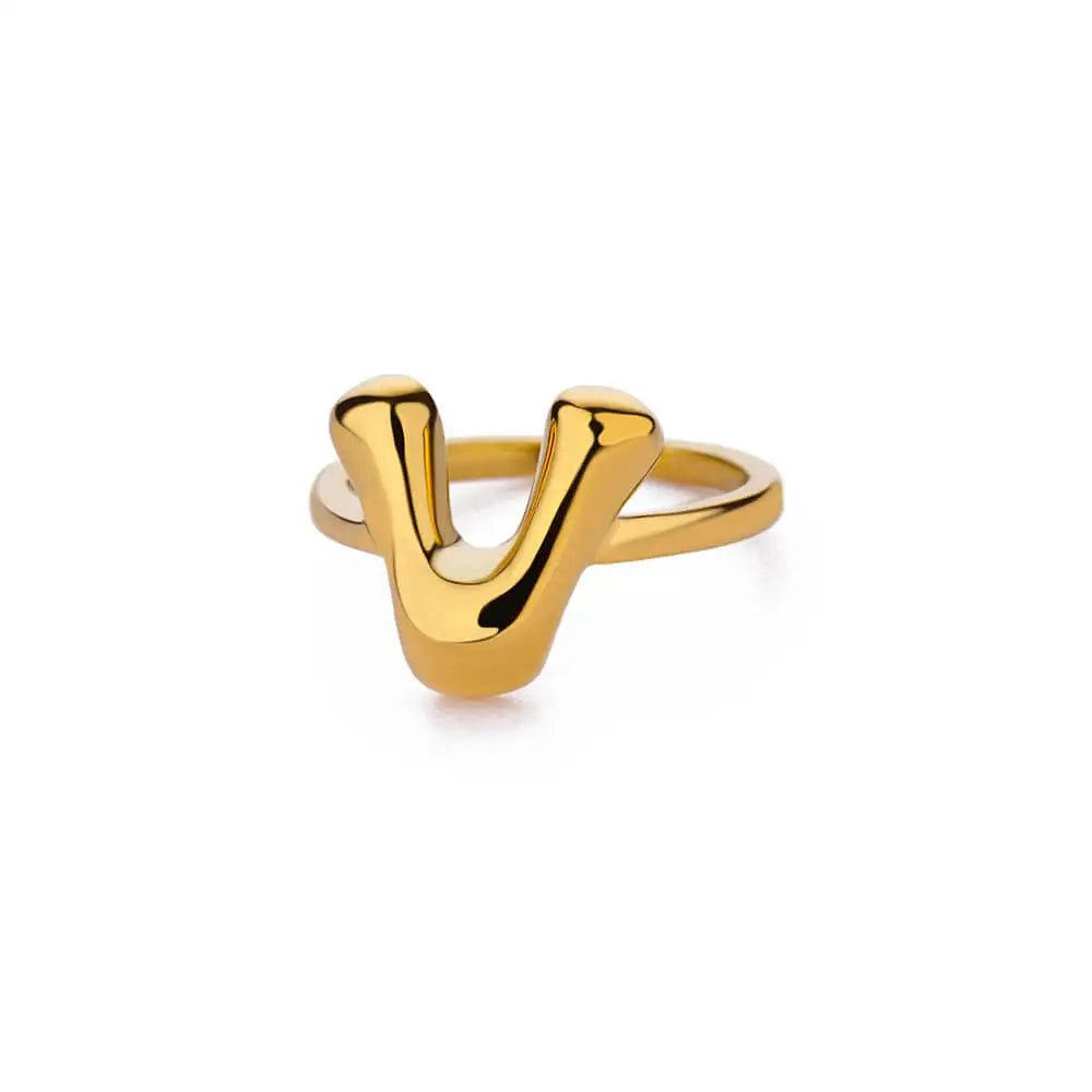 Gold Color Cute Bubble Letters Rings For Women Stainless Steel A-Z Alphabet Opening Ring Wedding Party Christmas Jewelry