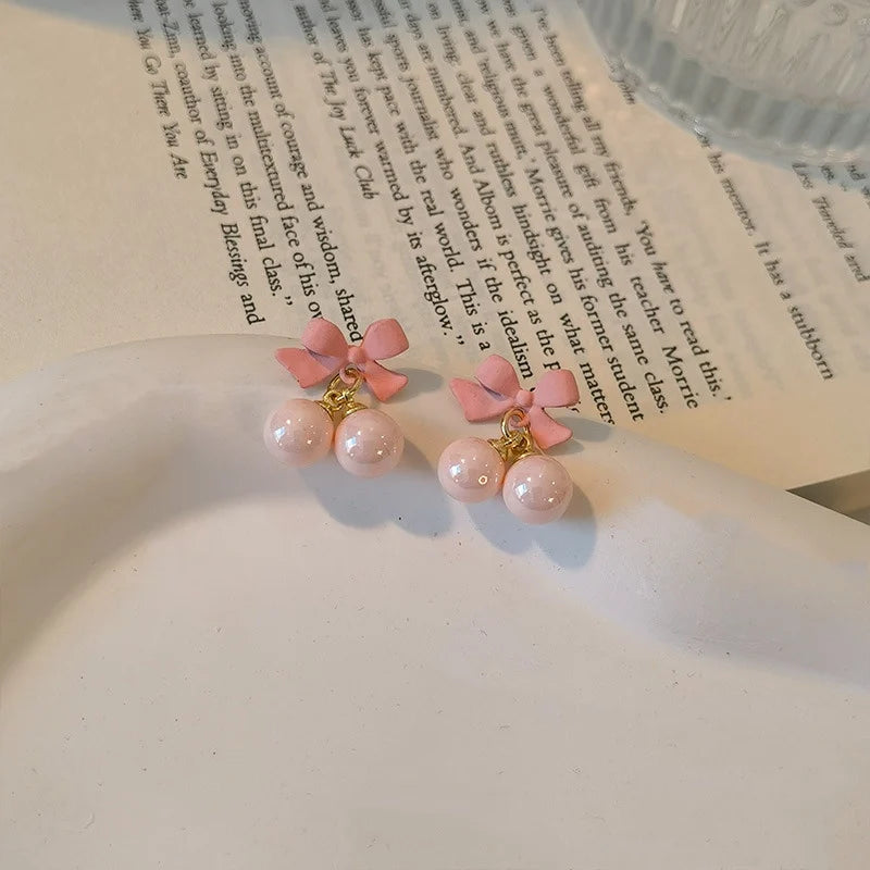 Super Sweet Pink Bow Earrings S925 Silver Needle Sweet Girl Heart Candy Bead Earrings Summer Fresh Earrings