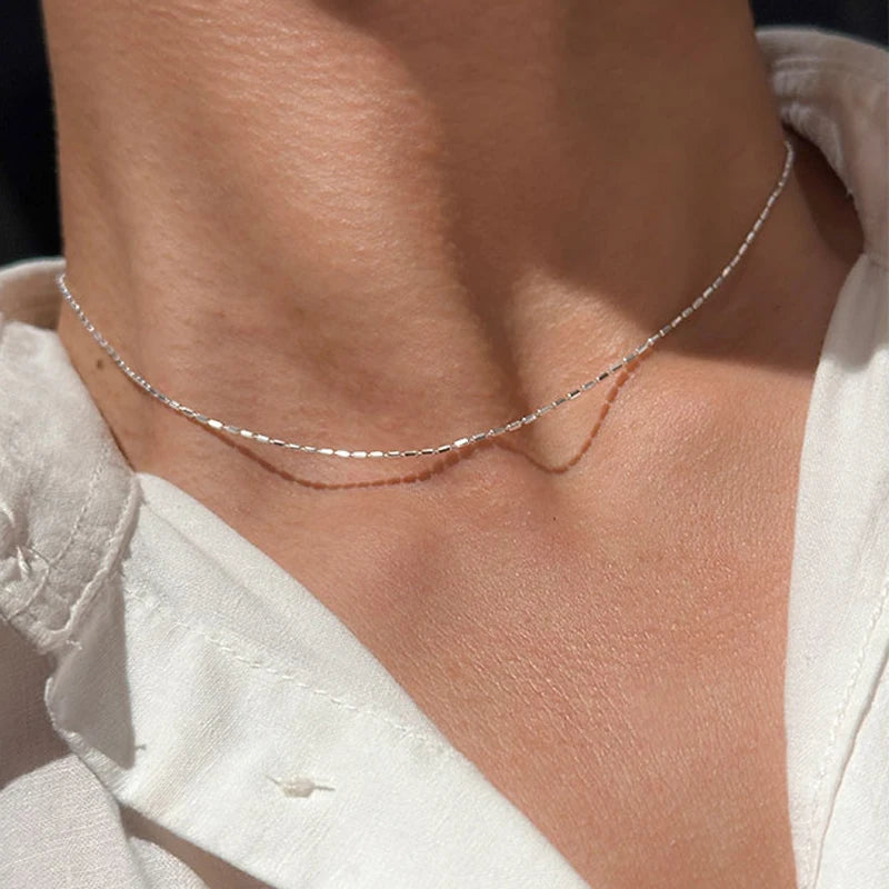925 Sterling Silver Necklace With Simple Geometric Bead Choker Shiny And Delicate Collarbone Chain For Women's Fashion Jewellery