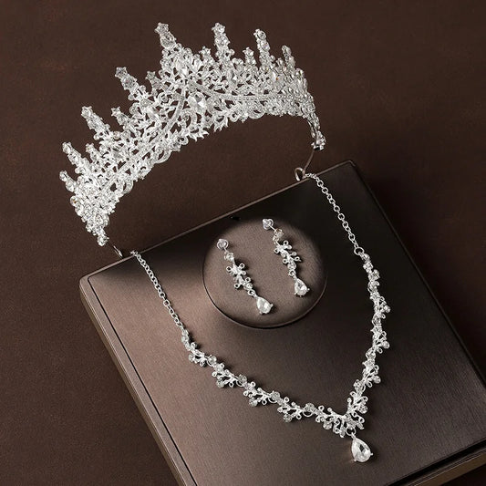 Conjunto de 4 joias para casamento, coroa de cristal de liga, colar e brincos de cristal, tiaras de casamento clássicas femininas