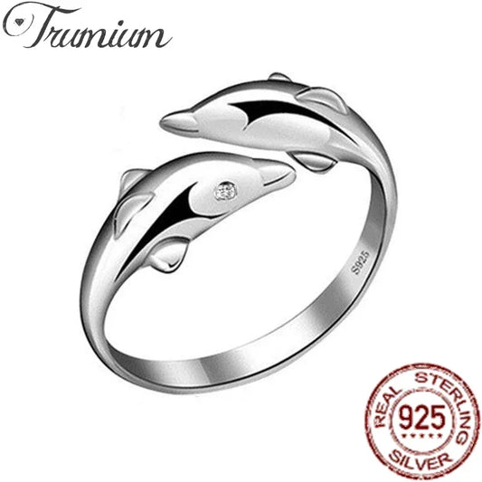 Anel Trumium 100% prata 925, moderno, anéis duplos de golfinho para mulheres, joias finas de dedo para mulheres, aberto, sem desbotamento, atacado