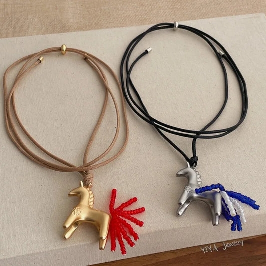 Minar New Luxury Metallic Cartoon Horse Beads Strand Tassel Pendant Necklaces for Women Long Adjustable Wax Rope Chain Choker