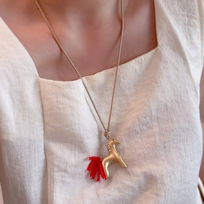 Minar New Luxury Metallic Cartoon Horse Beads Strand Tassel Pendant Necklaces for Women Long Adjustable Wax Rope Chain Choker
