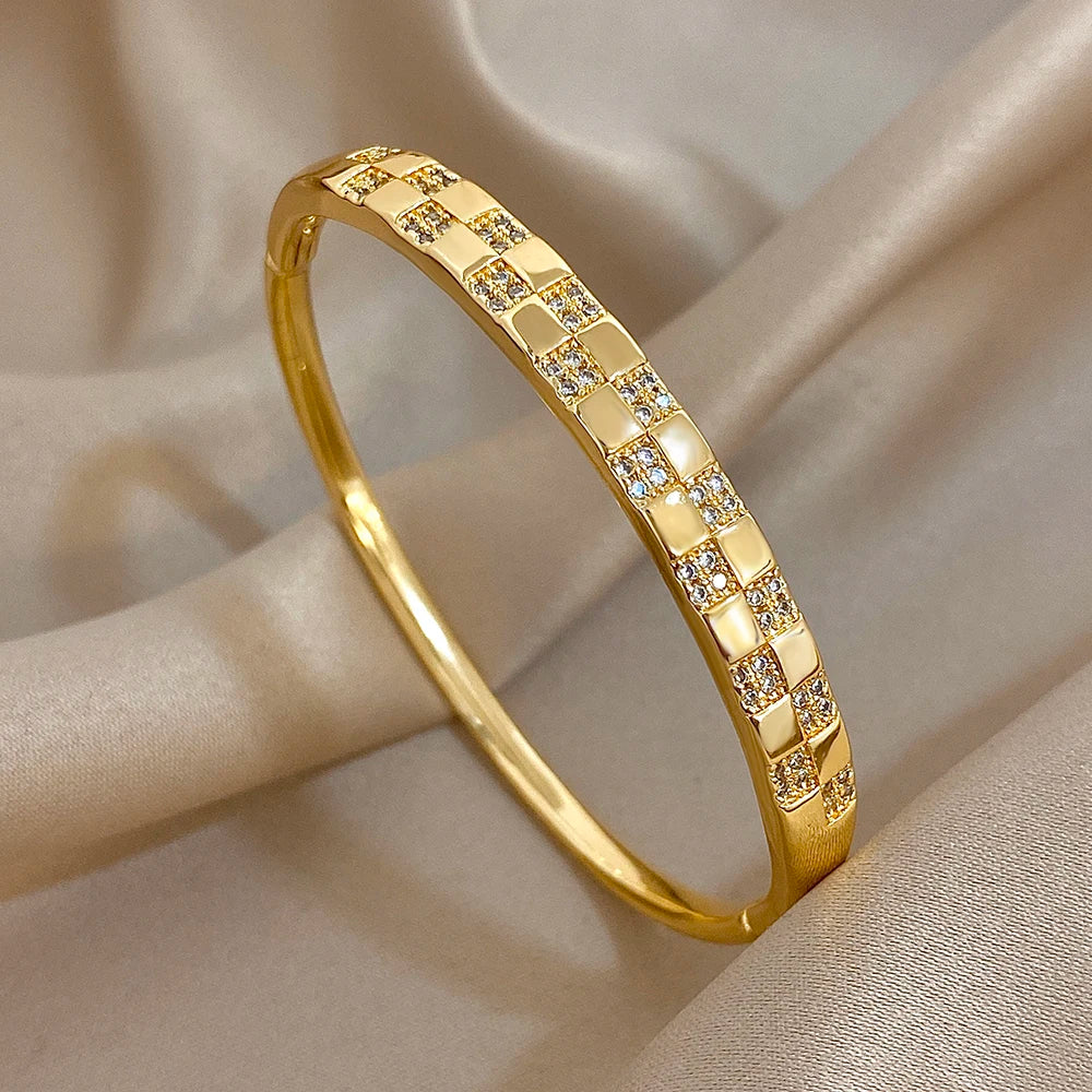 Flashbuy Gold Color Chic Inlaid Zircon Copper Bangle Bracelet For Women Statement New Design Temperament Wrist Fashion Jewelry