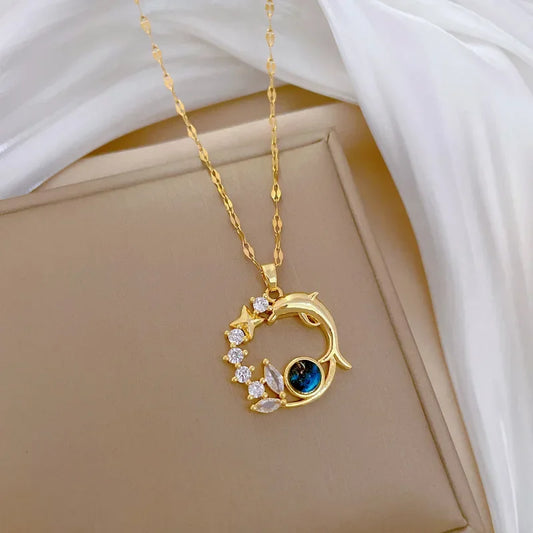Exquisite Dolphin Star Blue Crystal Pendant Necklace For Women Fashion Personalized Daily Accessory Party Jewelry Birthday Gifts