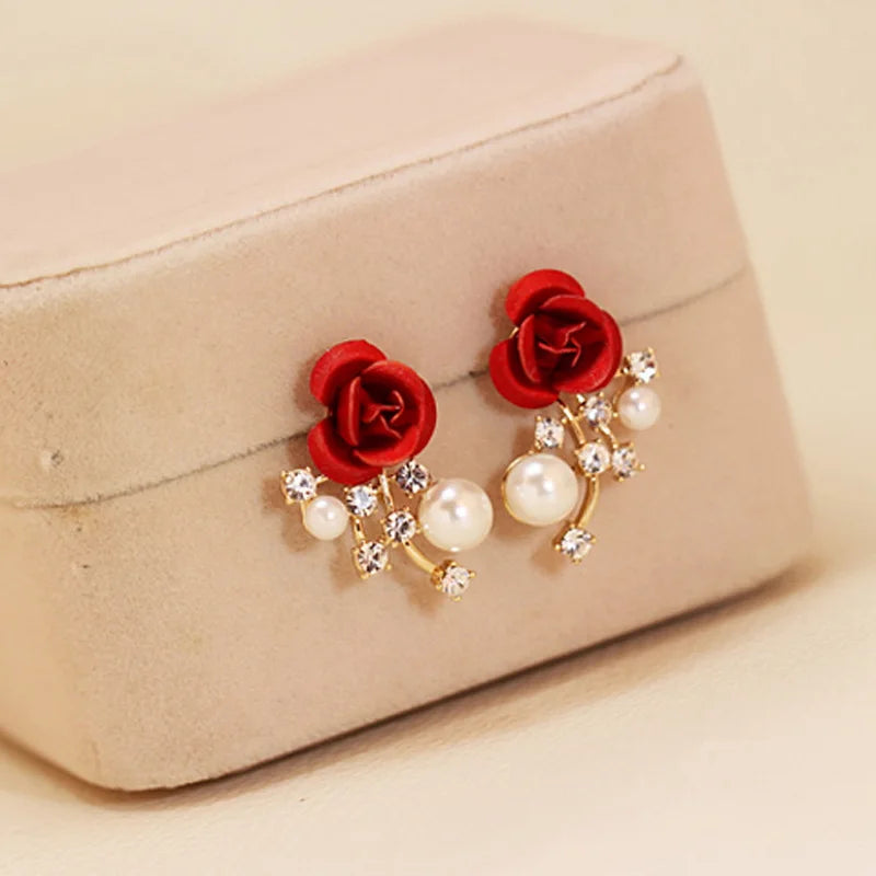 Fashion Red Rose Rhinestone Stud Earrings For Women Butterfly Angel Wings Pearl Flowers Earring Bride Wedding Engagement Jewelry