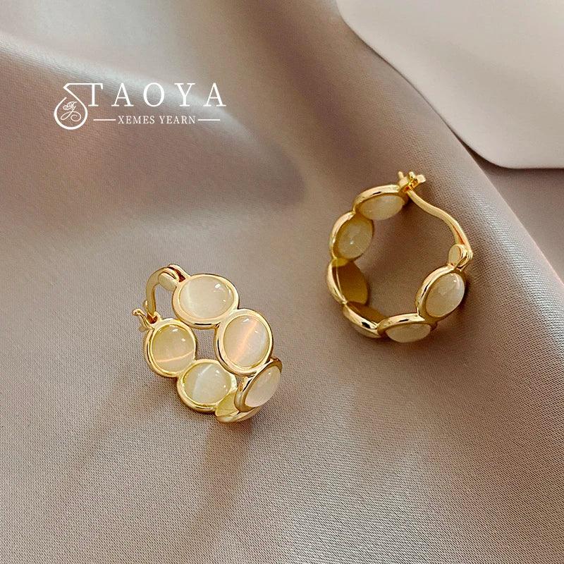 Sweet Girls' Pink Round Opals Hoop Earrings 2025 New Design Jewelry Luxury Accessories Suitable for Women's Daily Wear Earrings