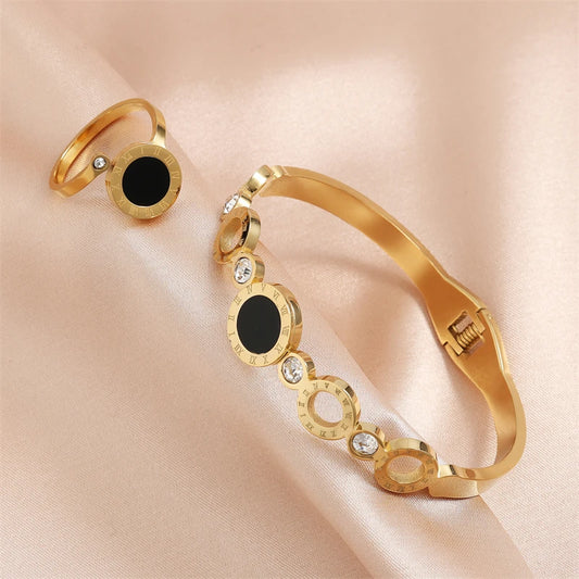 ZAKOL 2 peças pulseiras e anéis da moda para mulheres, conjunto de joias de casal em aço inoxidável com algarismos romanos e acrílico preto