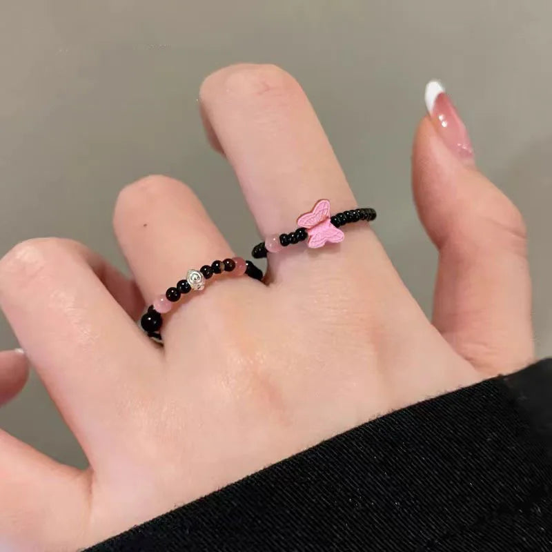 Violet Flower Acrylic Ring New Korean Style White Lily Index Finger Ring Elastic Beaded Unique Creativity Fold Women Jewelry