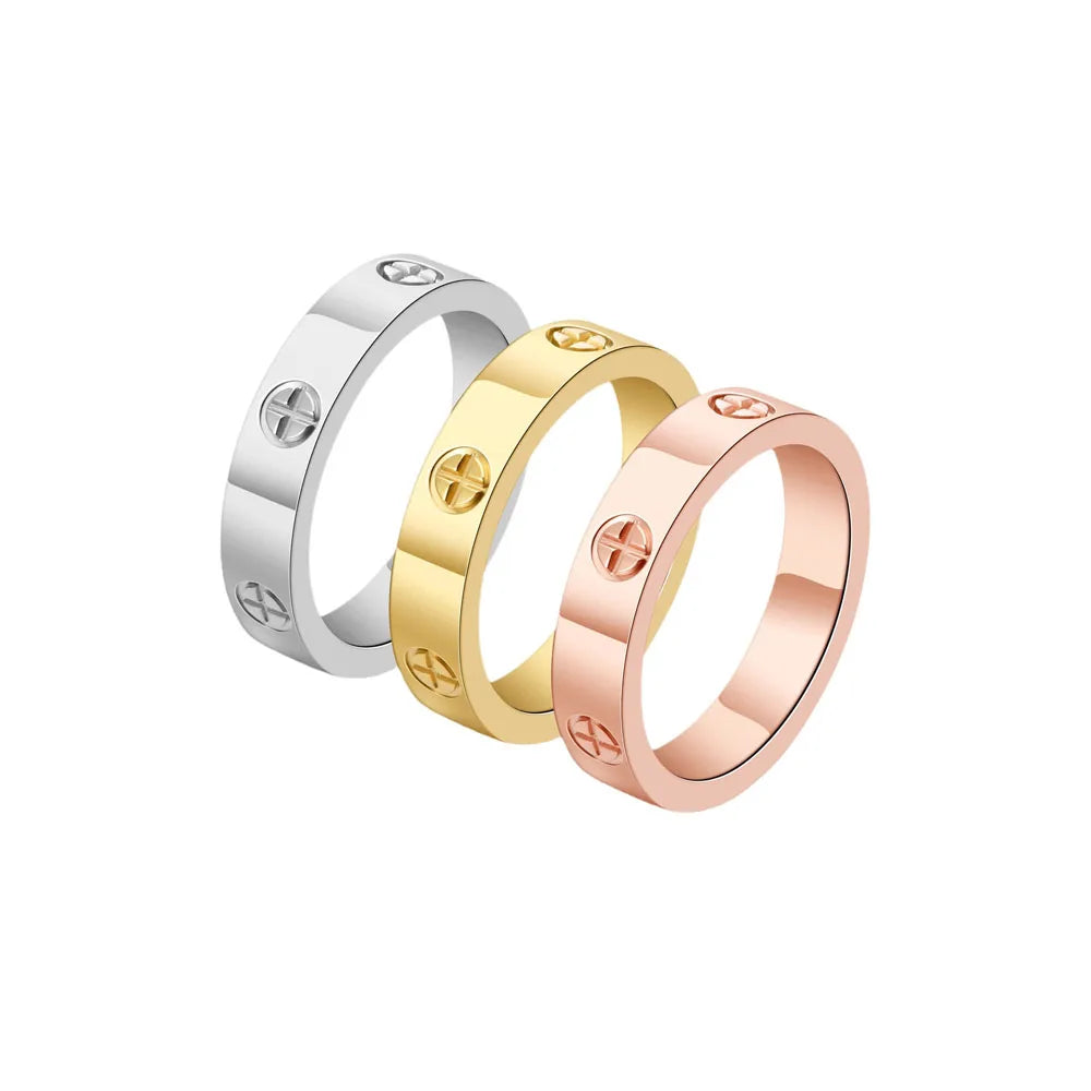 Classic Stainless Steel Cross with Zircon Love Rings for Women Men Couple Finger Ring Luxury Jewelry Wedding Party Gift