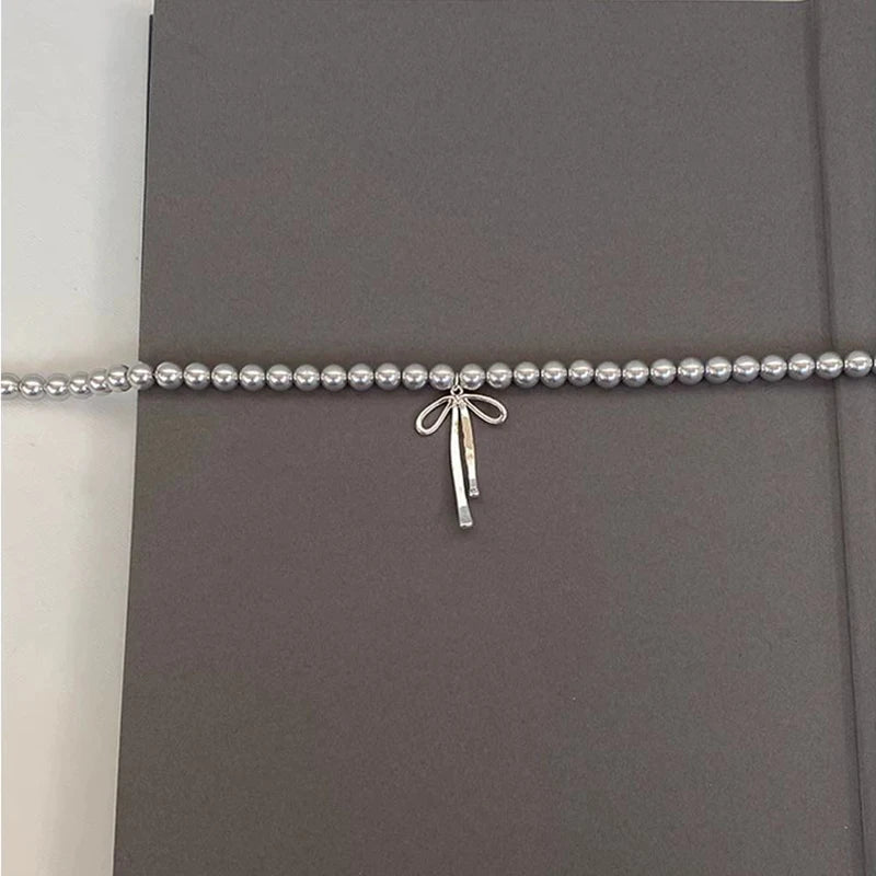 LATS Gray Pearls Bowknot Pendant Necklace for Women Girls Graceful Butterfly Choker Chain Jewelry Gift Accessories