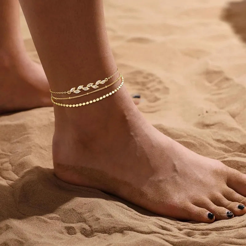 Ankle Bracelets for Women Girls Waterproof Boho 14K Gold Plated STAINLESS STEE Bead Satellite Layered Anklets Set jewelry Gifts
