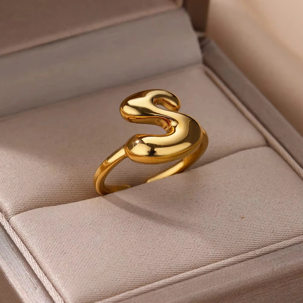 Gold Color Cute Bubble Letters Rings For Women Stainless Steel A-Z Alphabet Opening Ring Wedding Party Christmas Jewelry